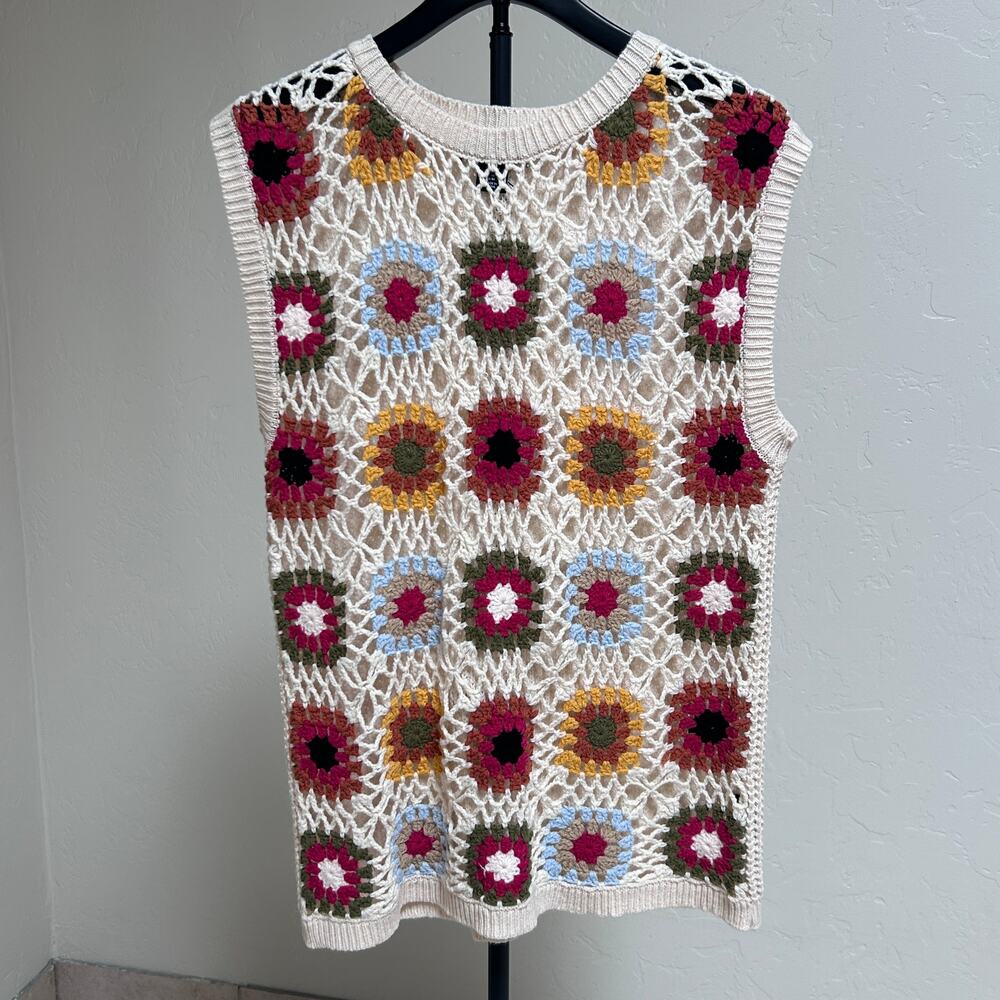 Crochet Granny Square Sweater Vest Open Knit Boho Festival Retro Cream Floral M